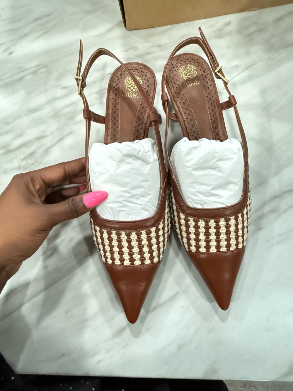 Vince Camuto Brown and Cream Woven Pointed Slingback Mules